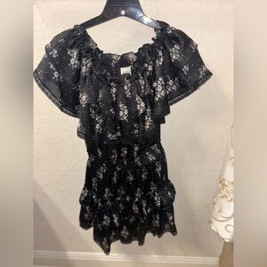 Black Misa Los Angeles Floral Off-Shoulder Mini Dress